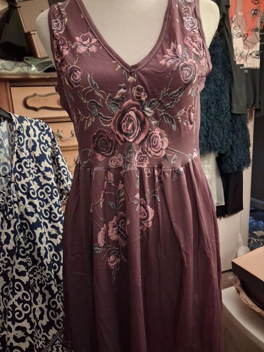 NEW, Mauve Floral Print Bodice Front,Empire Gathered Waist Mini V‑Neck Dress Med